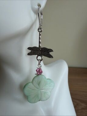 HAND CRAFTED MINT MOTHER OF PEARL FLOWER DRAGONFLY EARRINGS  Swarovski Crystals